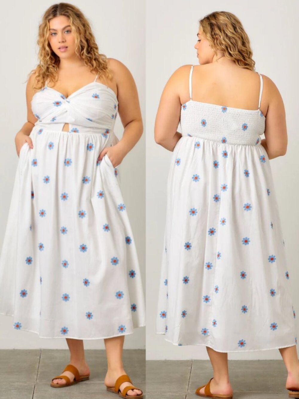 BAEVELY Embroidered Daisy Midi Dress 3X Ruched Back & Pockets Wedding Guest Boho
